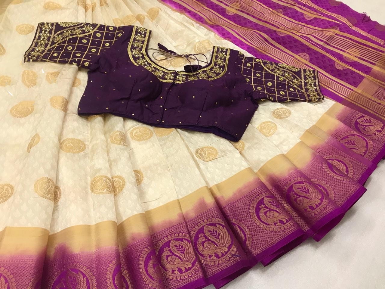 Fabulous Cream & Purple Kanjivaram Silk Zari Designer Saree Online & Ready Made Blouse
