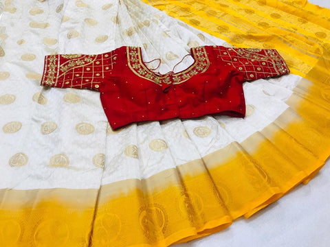 Fab Off White & Red Kanjivaram Silk Zari Designer Saree Online & Ready Made Blouse