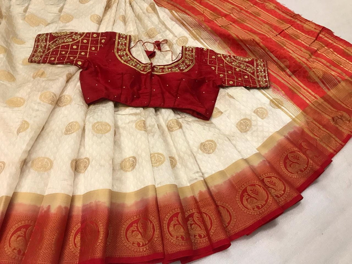 Tremendous Cream & Maroon Kanjivaram Silk Zari Designer Saree Online & Ready Made Blouse