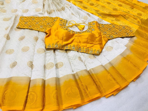 Wondrous Off White & Yellow Kanjivaram Silk Zari Designer Saree Online & Ready Made Blouse
