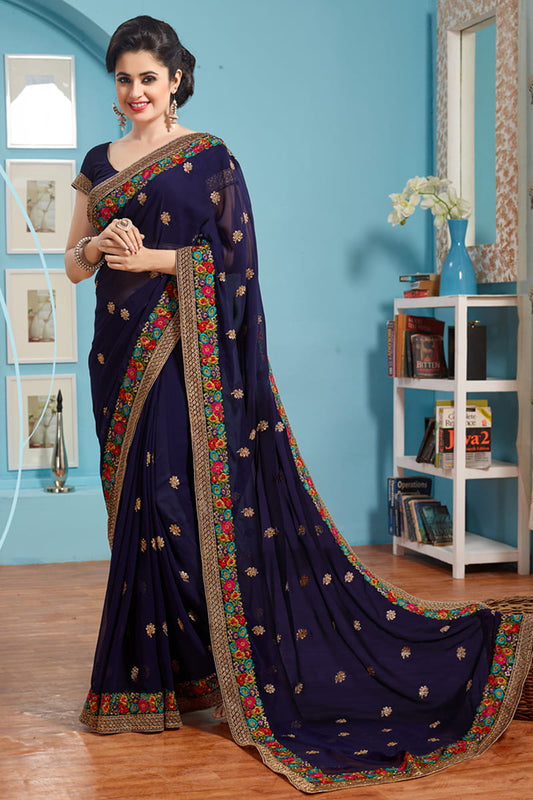 Beautiful Navy Blue Georgette With Embroidered Work Designer Saree Online