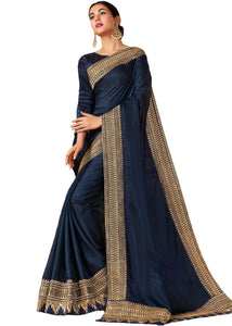 Attractive Navy Blue Vichitra Silk With Embroidered Work Designer Saree Online