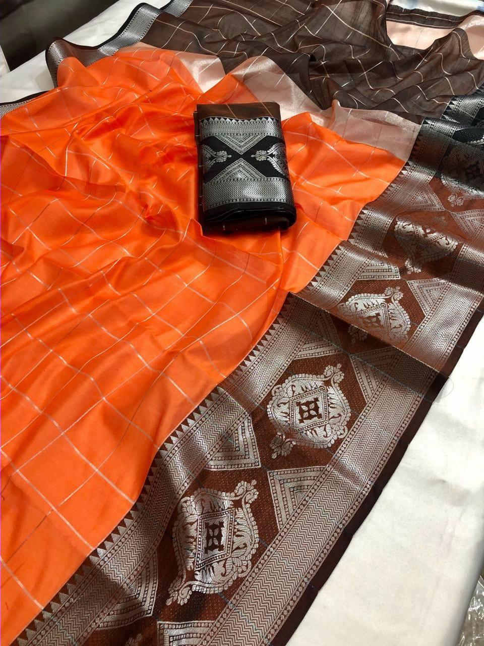 Pretty Orange Silk With Zari Jacquard Weaving Work Designer Saree Online