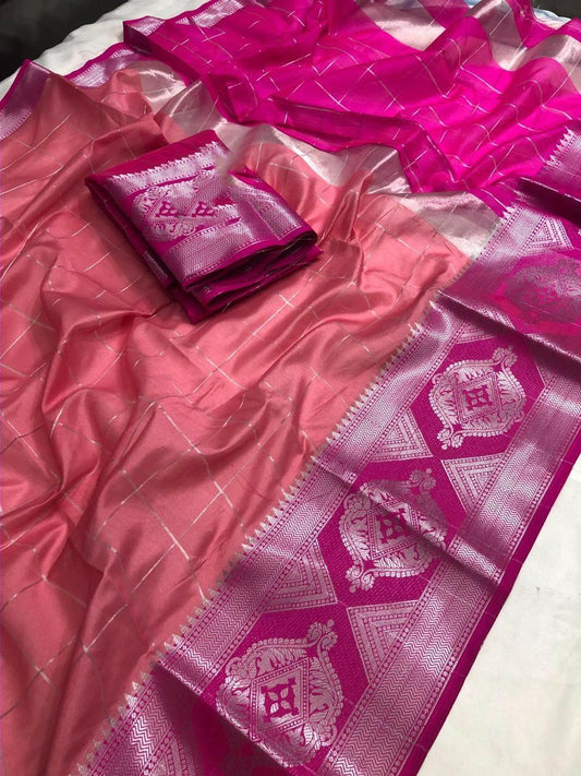 Sensational Peach & Rani Silk With Zari Weaving Jacquard Designer Saree Online