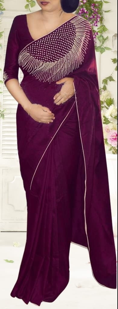 Magnificent Wine Rajwadi Silk With Silver Diamond Work Designer Saree Online