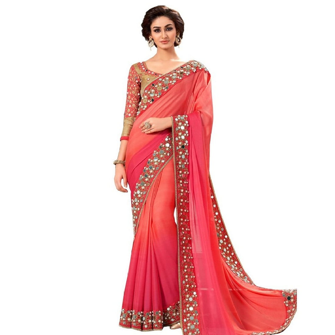 Radiant Pink Georgette With Lace Glass Mirror Work fancy designer saree