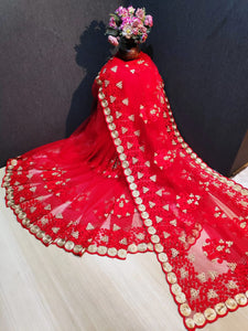 Ravishing Red Net With Diamond Embroidered Work fancy designer saree