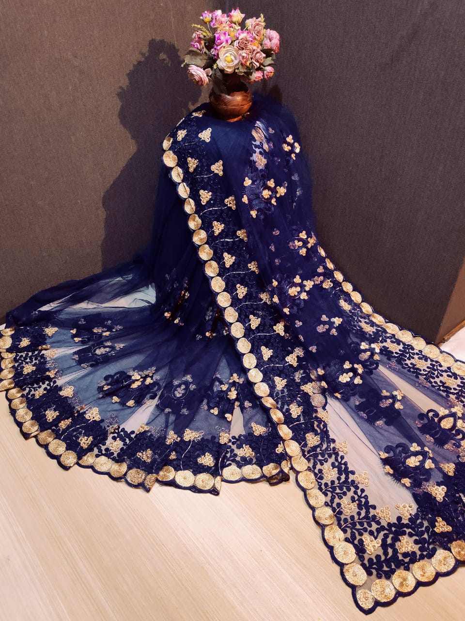 Dazzling Royal Blue Net With Multi Thread Embroidered Diamond Work fancy designer saree