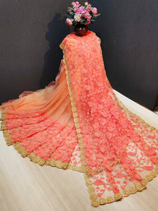 Glorious Peach Net With Golden Zari Hand Work fancy designer saree