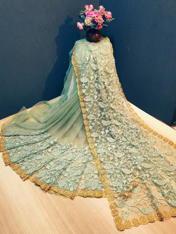 Captivating Pista Green Net With Golden Zari Hand Work fancy designer saree