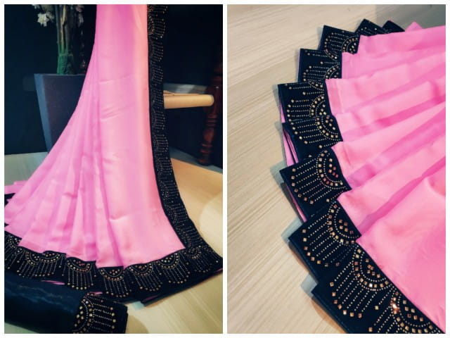Bewitching Pink & Black Silk With Velvet Stone Work Border fancy designer saree