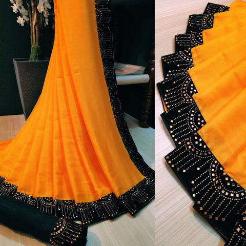 Charming Mustard Silk With Velvet Stone Work Border fancy designer saree