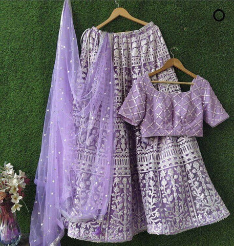 Alluring Purple Designer Net Chine Stitch Work Lehenga Choli Design Online