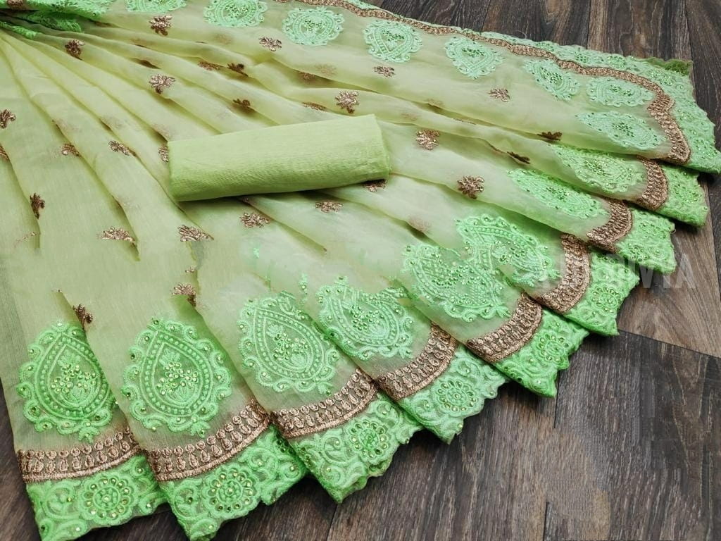 Bootylicious Pista Green Organza Embroidered Stone Work fancy designer saree