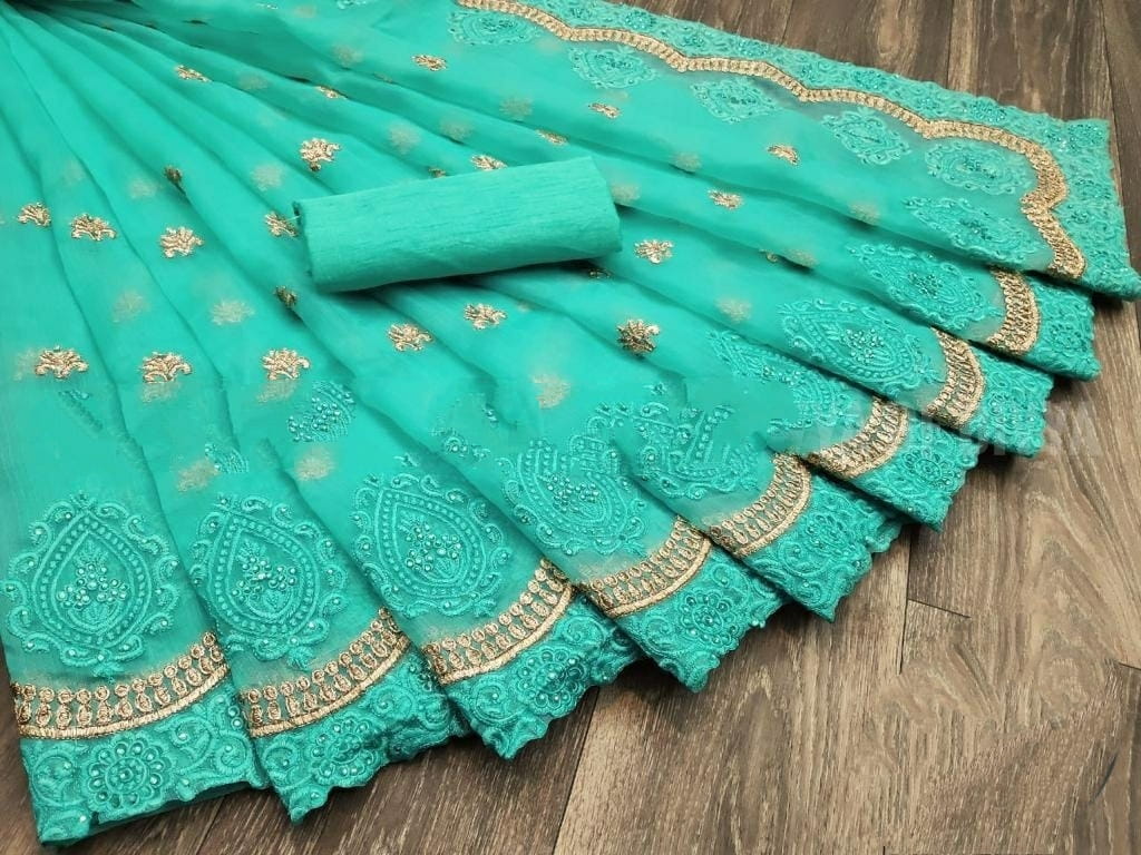 Beauteous Firozi Organza Embroidered Stone Work fancy designer saree