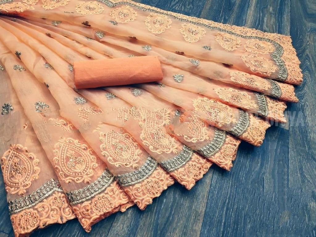 Pulchritudinous Peach Organza Embroidered Stone Work fancy designer saree