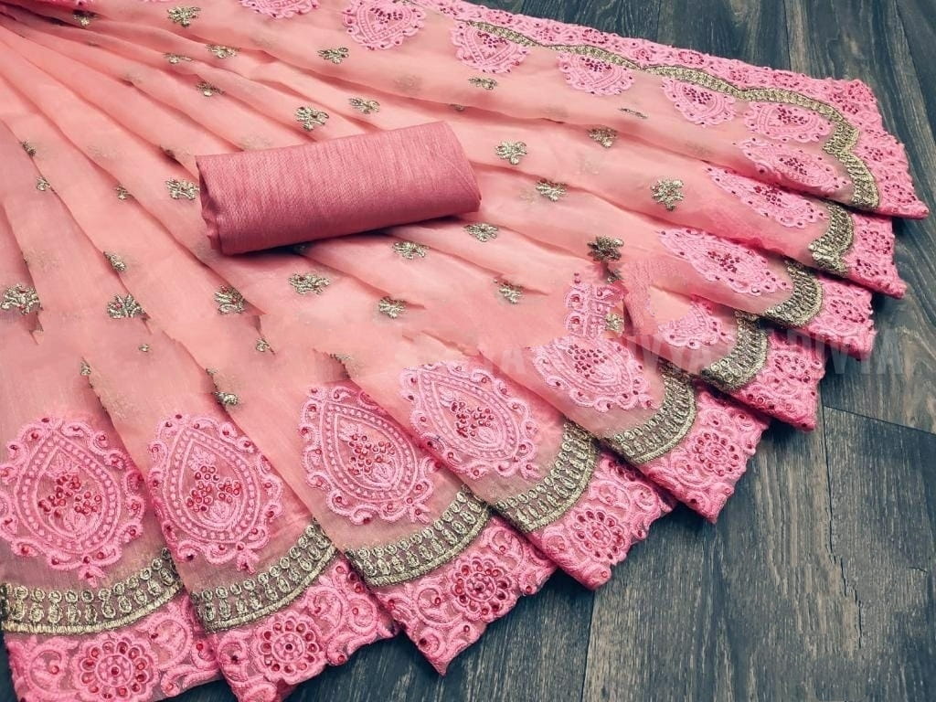Extraordinary Light Pink Organza With Stone Embroidered Work fancy designer saree