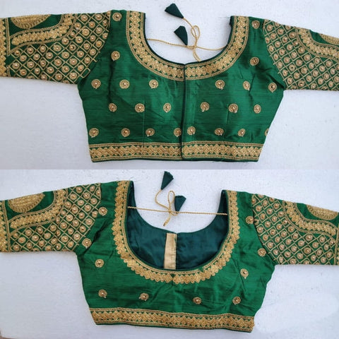 Astonishing Dark Green Malbari Silk Hand Stone Work fancy Neck Readymade Blouse