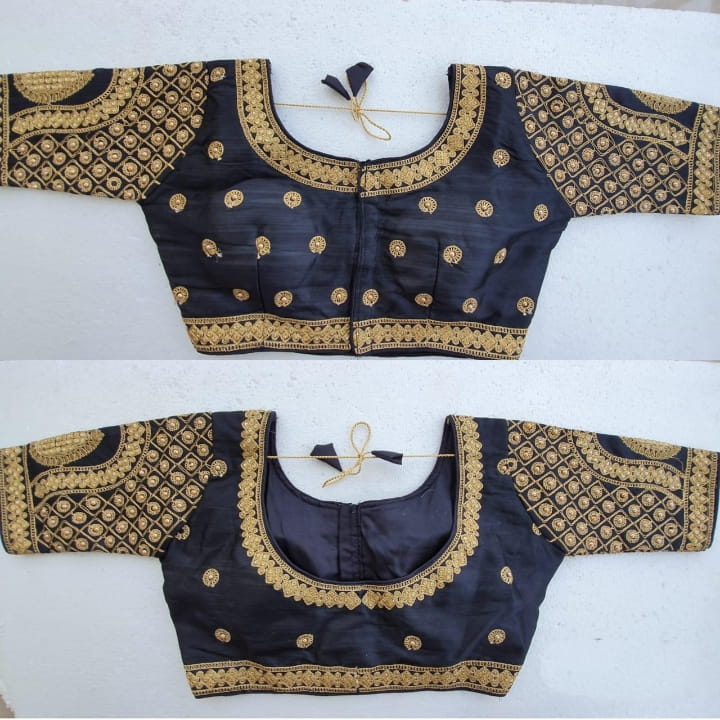Marvellous Black Malbari Silk Zari Stone Hand Work fancy Neck Readymade Blouse