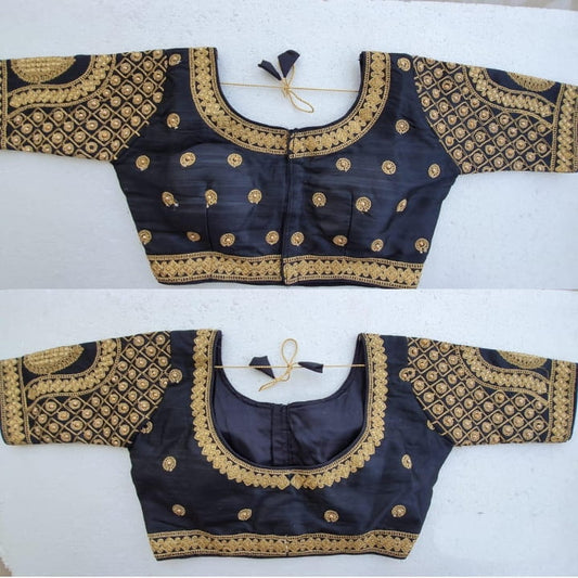 Marvellous Black Malbari Silk Zari Stone Hand Work fancy Neck Readymade Blouse