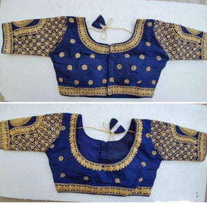 Phenomenal Navy Blue Malbari Silk Zari Stone Hand Work fancy Neck Readymade Blouse