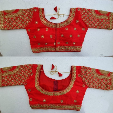 Breathtaking Red Malbari Silk Zari Stone Hand Work fancy Neck Readymade Blouse