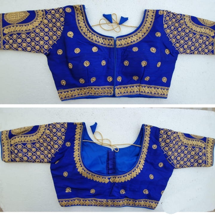 Fabulous Royal Blue Malbari Silk Zari Stone Hand Work fancy Neck Readymade Blouse