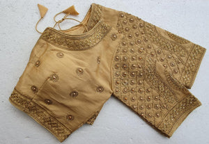 Pretty Golden Malbari Silk Zari Stone Hand Work fancy Neck Readymade Blouse
