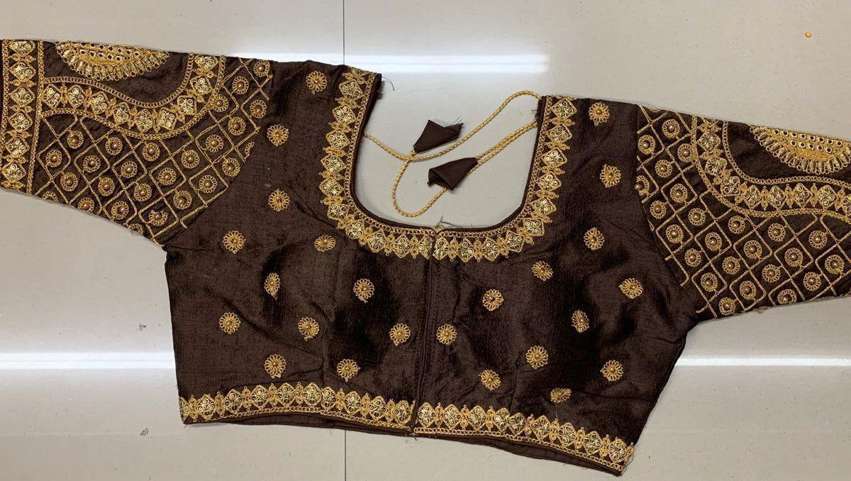 Sensational Chocolate Malbari Silk Stone Hand Work fancy Neck Readymade Blouse