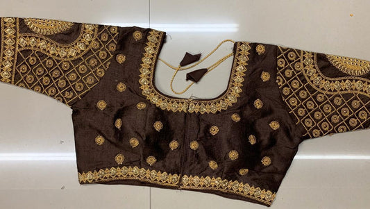 Sensational Chocolate Malbari Silk Stone Hand Work fancy Neck Readymade Blouse