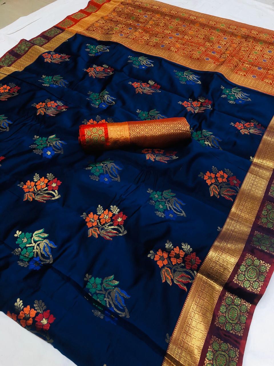 Ravishing Navy Blue Lichi Silk Flower Printed fancy designer saree