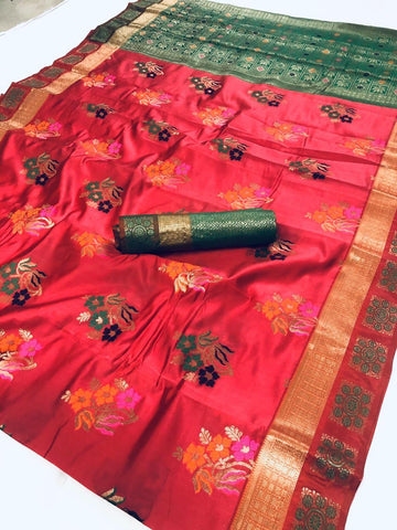 Striking Red & Green Lichi Silk Flower Printed fancy designer saree