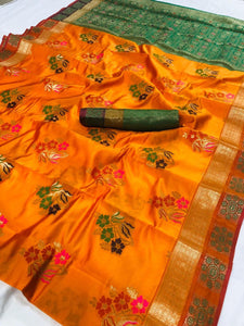 Dazzling Mustard & Green Lichi Silk With Flower Printed fancy designer saree