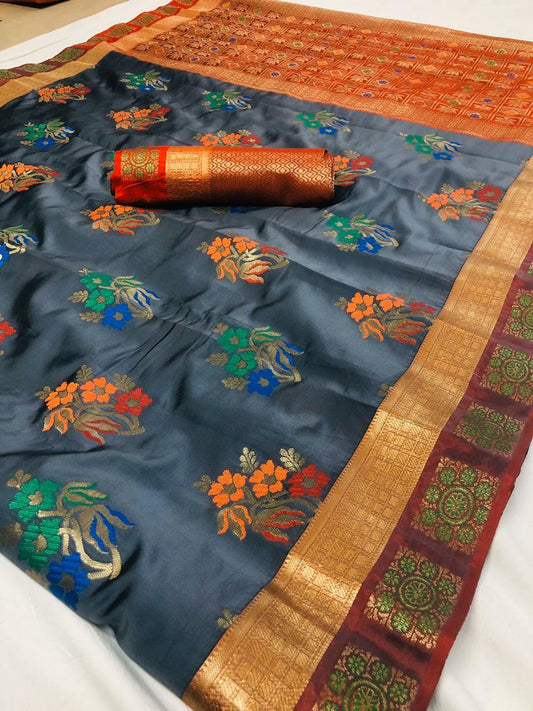 Devastating Grey Lichi Silk With Flower Printed fancy designer saree