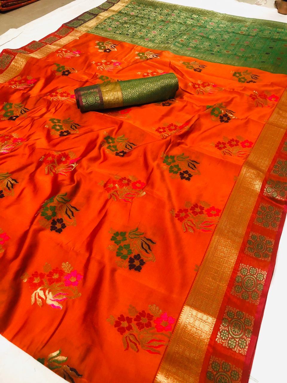 Wonderful Orange & Green Lichi Silk With Flower Printed fancy designer saree