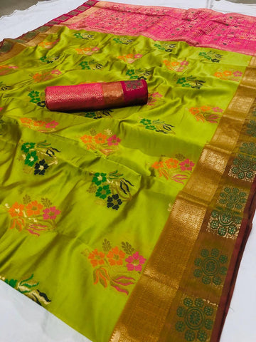 Glorious Green Flower Printed Lichi Silk fancy designer saree