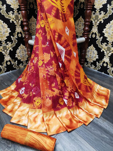 Bewitching Orange Cotton With Batik Printed Satin Patta fancy designer saree