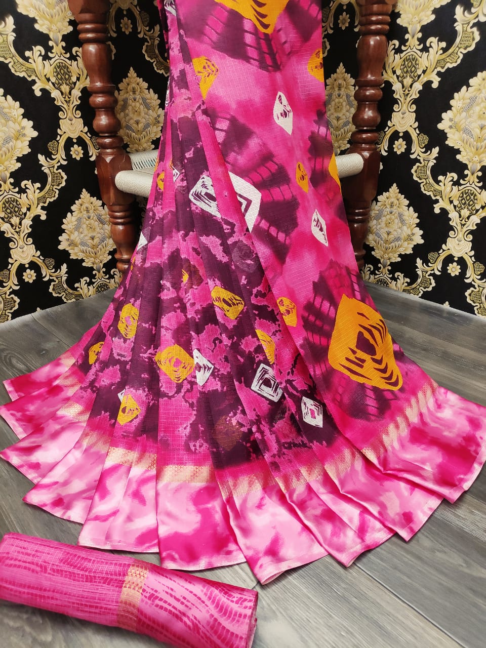 Charming Pink Cotton With Batik Printed Satin Patta fancy designer saree
