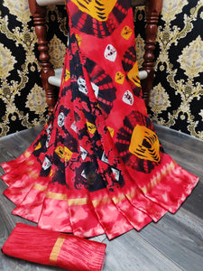 Alluring Red Cotton Batik Printed With Satin Patta fancy designer saree