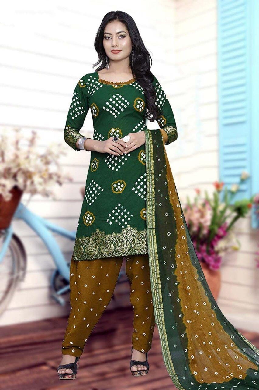Gorgeous Dark Green Cotton Bandhani Jacquard Border New Salwar suit design online