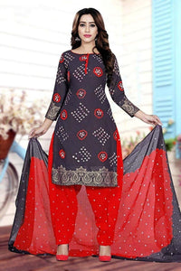 Knockout Grey & Red Bandhani Cotton Jacquard Border New Salwar suit design online