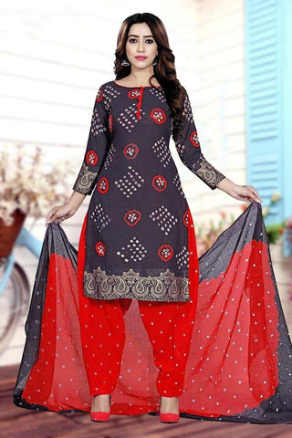 Knockout Grey & Red Bandhani Cotton Jacquard Border New Salwar suit design online