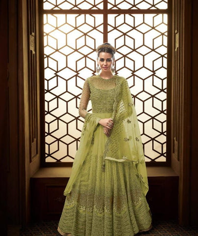 Sage Color Heavy Soft Net Multi Zari Embroidered Stone Work Designer Salwar Suit For Wedding Wear