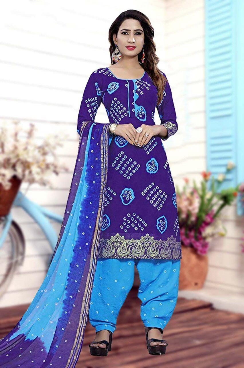 Pulchritudinous Purple & Sky Blue Cotton Bandhani Jacquard Border New Salwar suit design online