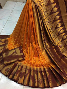 Breathtaking Intricate Orange Nylon Silk With Rich Pallu fancy designer saree