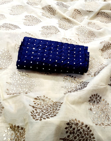 Mind-Blowing Off White & Royal Blue Chanderi Silk Denim Foil Work fancy designer saree