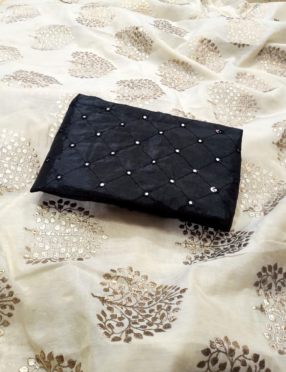 Fabulous Off White & Black Chanderi Silk With Denim Foil Work fancy designer saree