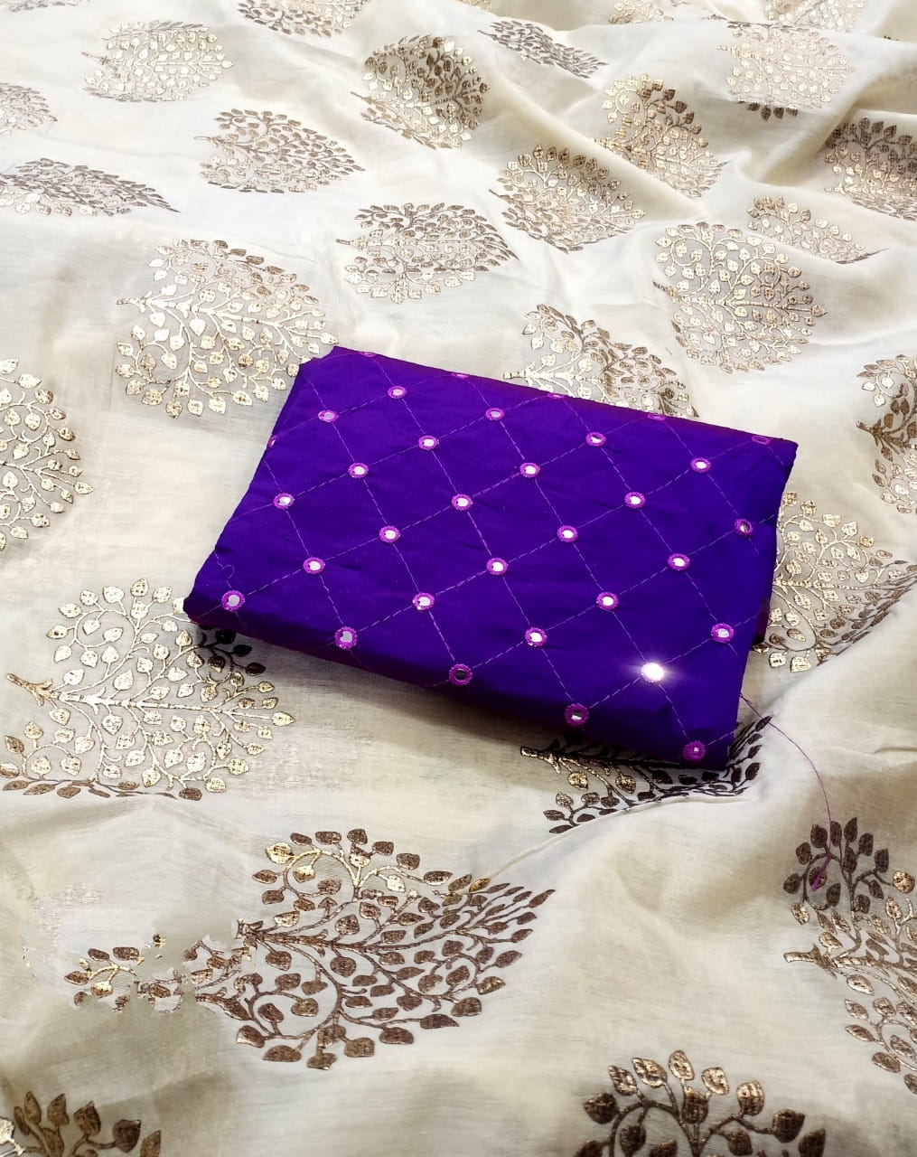 Fab Off White & Purple Chanderi Silk With Denim Foil Work fancy designer saree