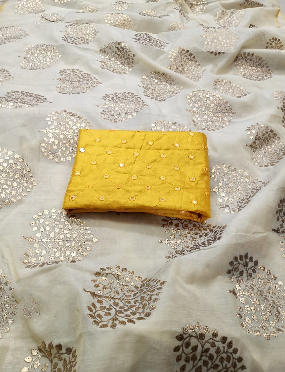 Fantastic Off White & Yellow Chanderi Silk With Denim Foil Work fancy designer saree