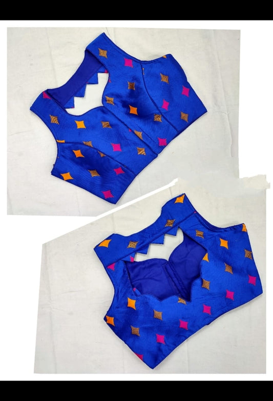 Wondrous Royal Blue Meenakani Jacquard fancy Neck Readymade Blouse